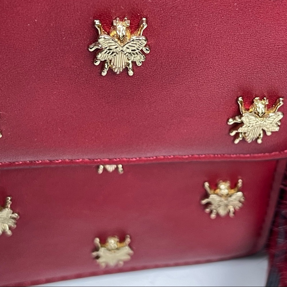 Zara Red Crossbody Bag with Gold Bee Studs and Pom Pom - Picture 5 of 12